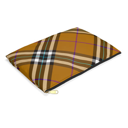 Honey plaid accessory pouch small size angled view showing original amber tartan with violet and teal accent lines - LeBonJournal