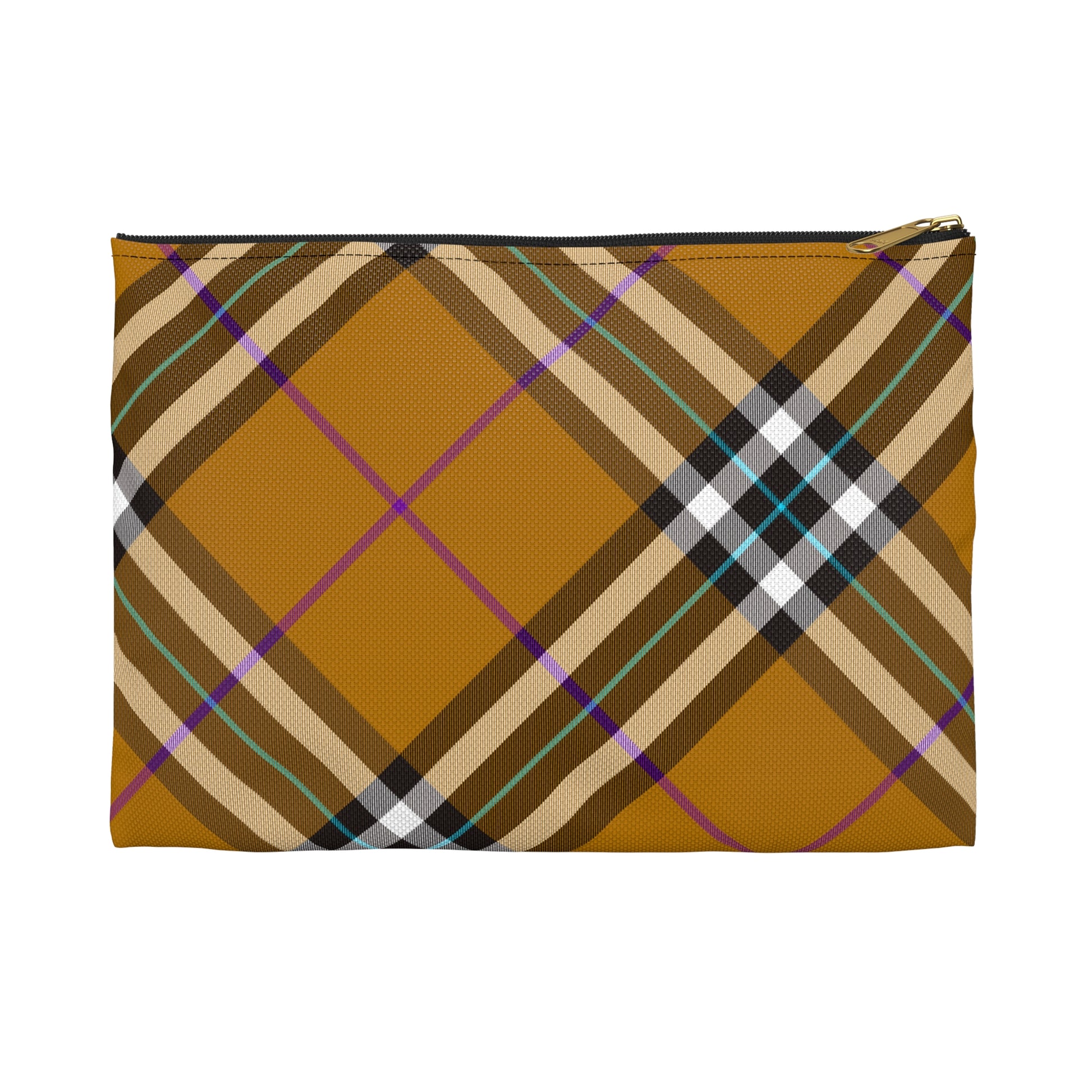 Honey plaid accessory pouch small size front view with original amber tartan pattern and black zipper, gold puller - LeBonJournal