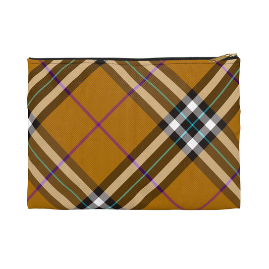 Honey plaid accessory pouch small size front view with original amber tartan pattern and black zipper, gold puller - LeBonJournal