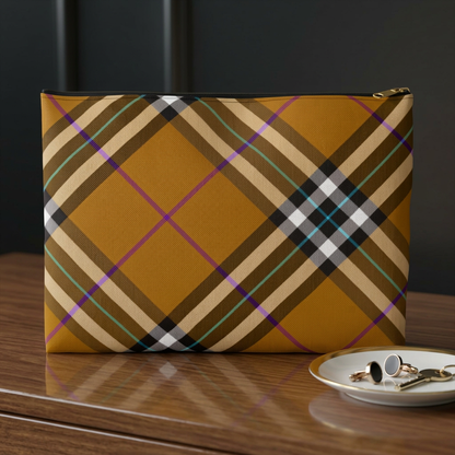 Honey tartan plaid zip pouch on library wooden table with pencils, books and warm reading lamp light - LeBonJournal