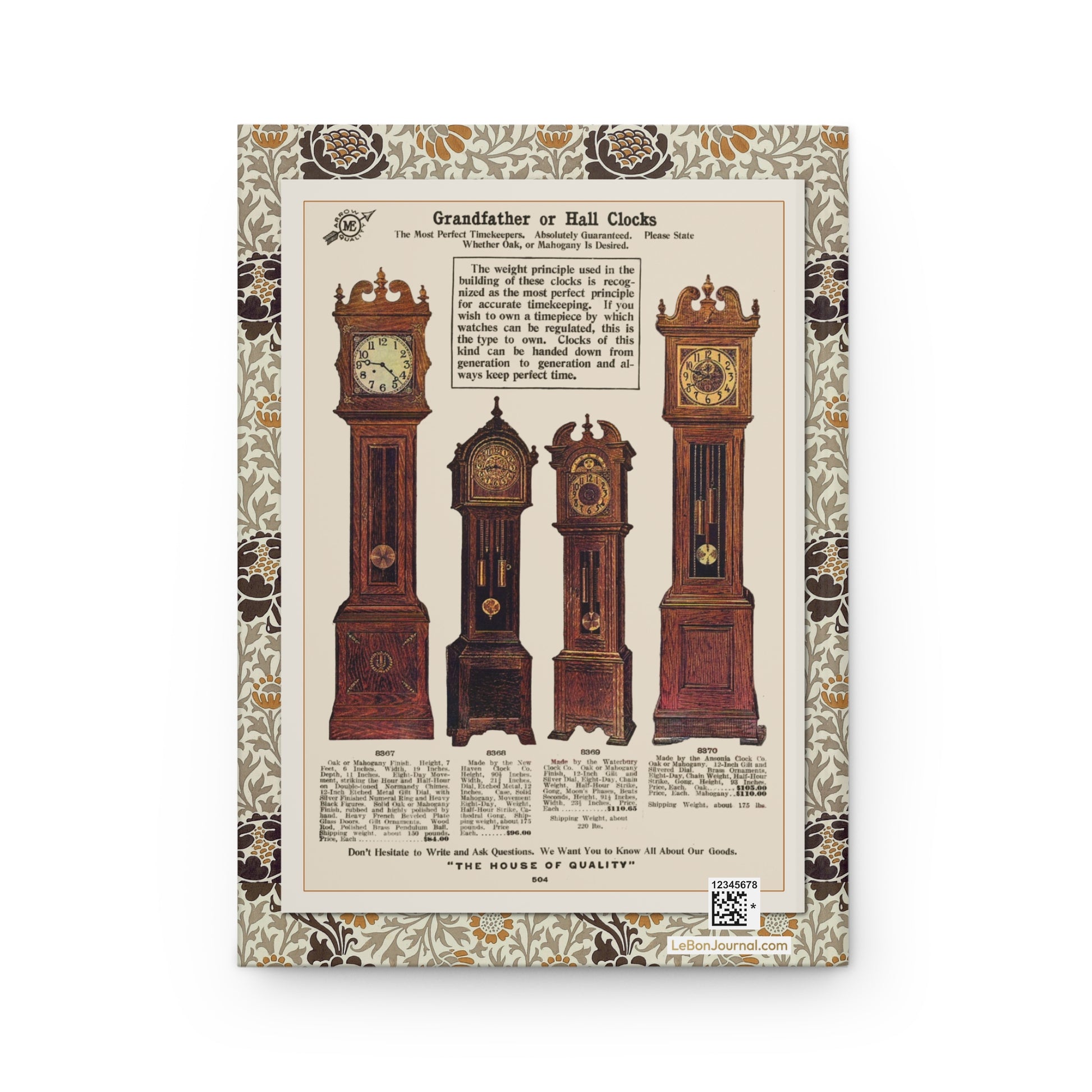 House of Quality c.1905 grandfather clock trade catalogue with New Haven Waterbury and Ansonia clocks Edwardian advertisement back cover - LeBonJournal