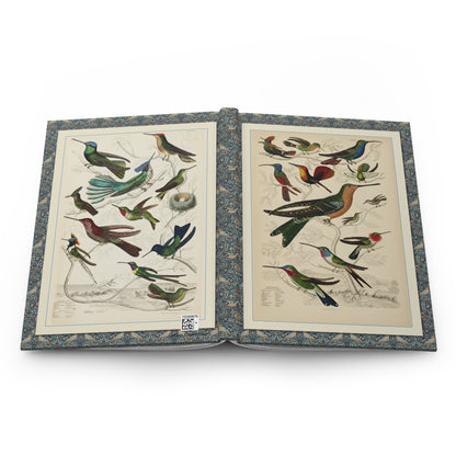 Open Hummingbird journal showing durable casewrap binding, hardcover construction with John Gould 1849 and William Davis 1835 hummingbird illustrations on front and back covers, and flexible spine for lay-flat writing - LeBonJournal