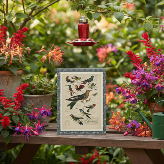 Hummingbird hardcover journal standing on rustic garden table with vibrant flowers including salvia, fuchsia, honeysuckle, hummingbird feeder in background, natural sunlight, elegant stationery for bird watchers and garden enthusiasts - LeBonJournal