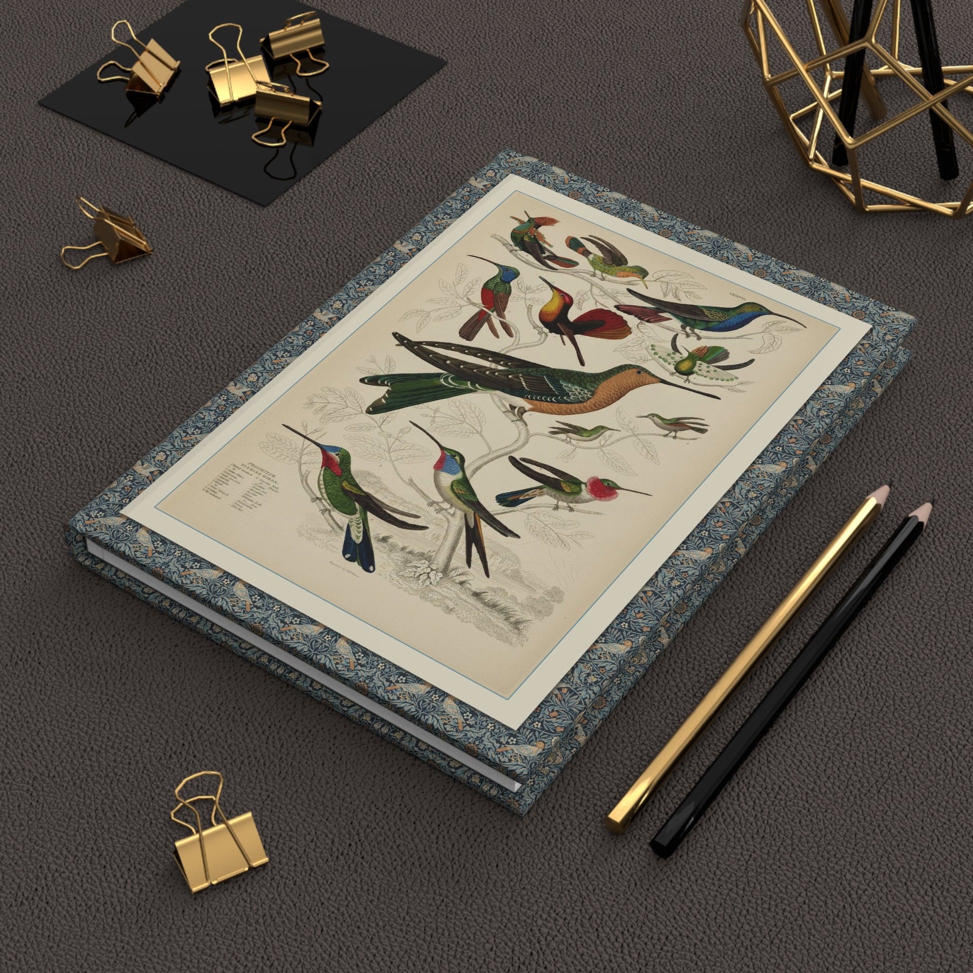 Hummingbird hardcover journal in lifestyle setting, premium matte finish journal featuring Victorian ornithology art, elegant stationery for bird watchers, hummingbird lovers, and nature enthusiasts - LeBonJournal