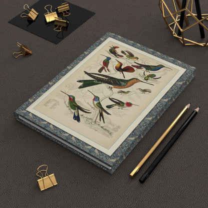 Hummingbird hardcover journal in lifestyle setting, premium matte finish journal featuring Victorian ornithology art, elegant stationery for bird watchers, hummingbird lovers, and nature enthusiasts - LeBonJournal