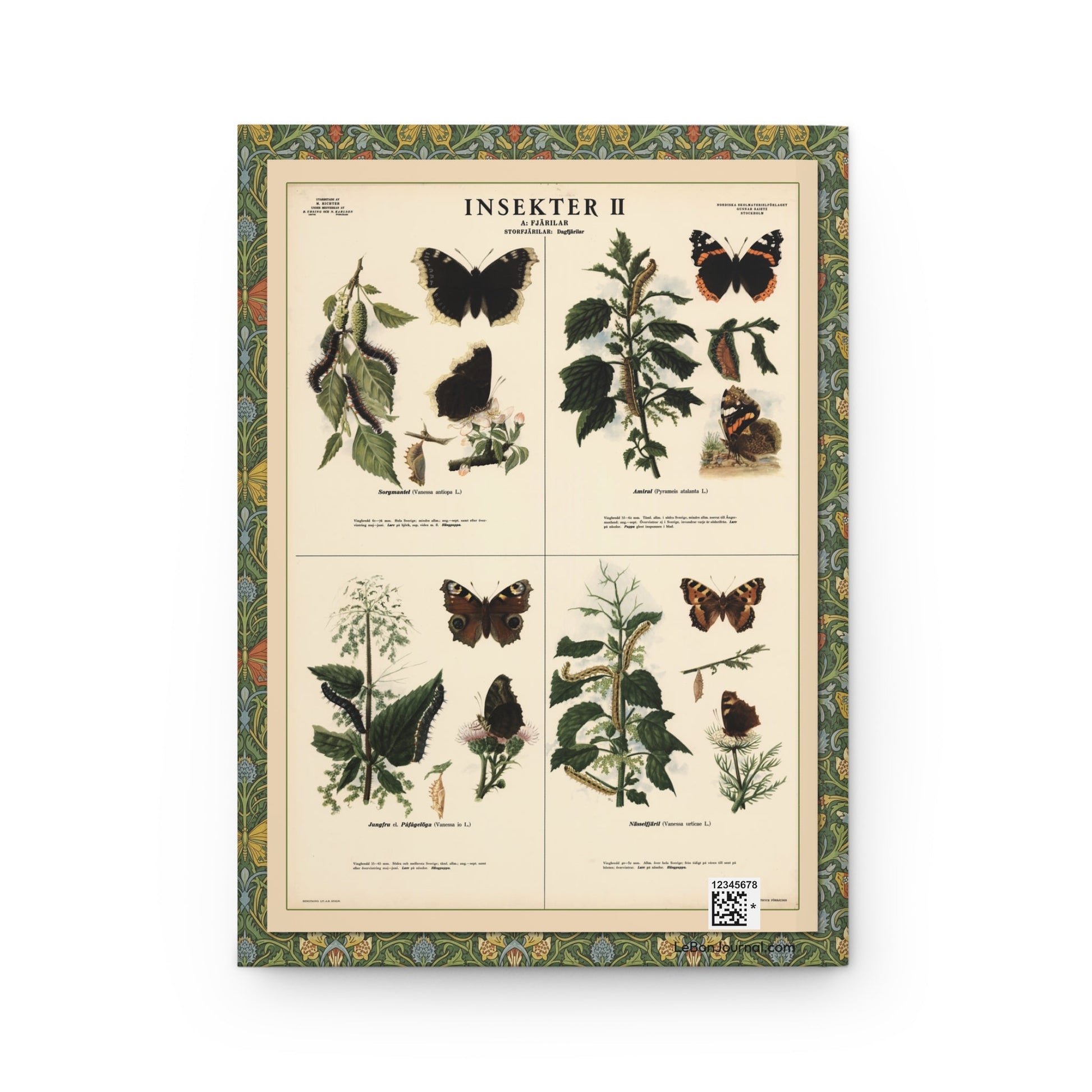 Insekter II Dagfjärilar back cover by Max Richter 1939 showing Vanessa antiopa, Pyrameis atalanta, Vanessa io and Vanessa urticae with host plants - LeBonJournal