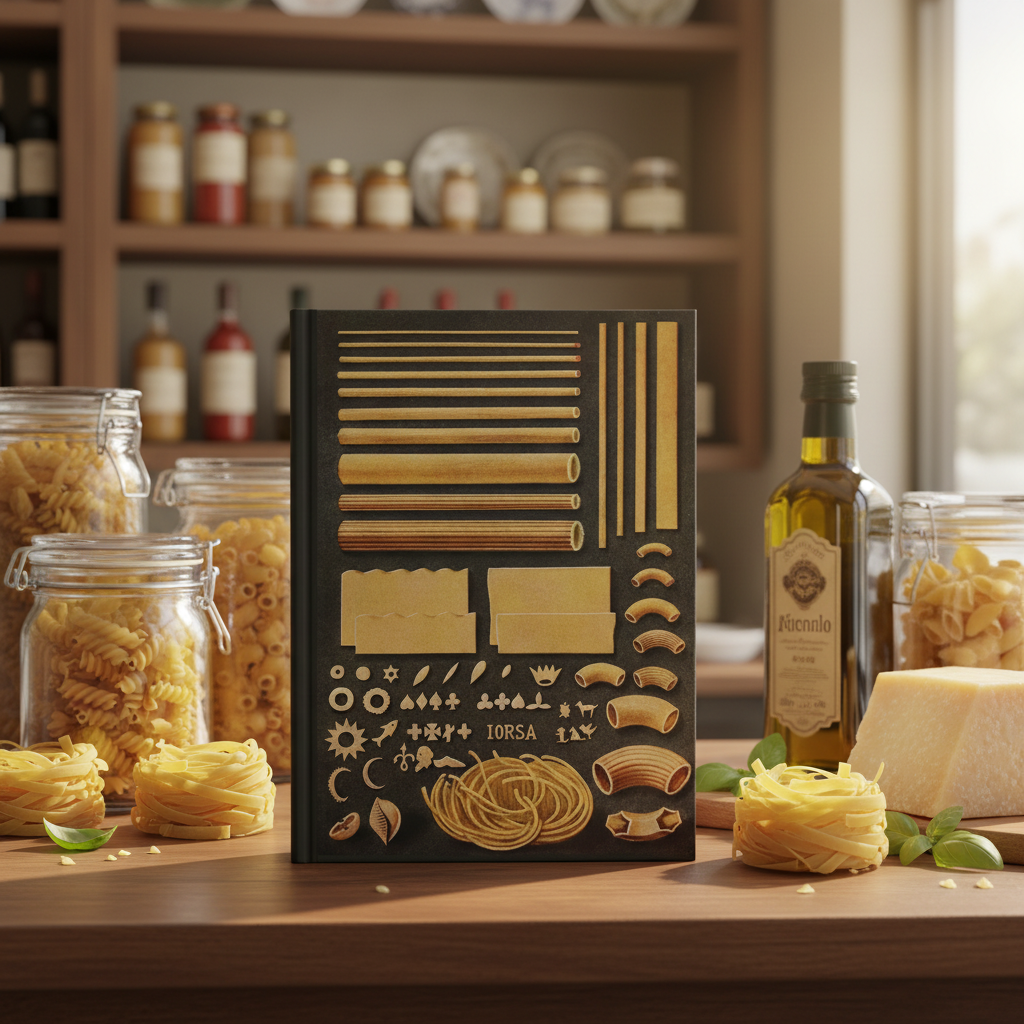 Italian Pasta hardcover journal standing on artisanal pasta shop counter with glass jars of dried pasta, fresh pasta nests, olive oil, Parmigiano cheese, and basil, warm natural light, gourmet Italian culinary stationery for home cooks and pasta enthusiasts - LeBonJournal