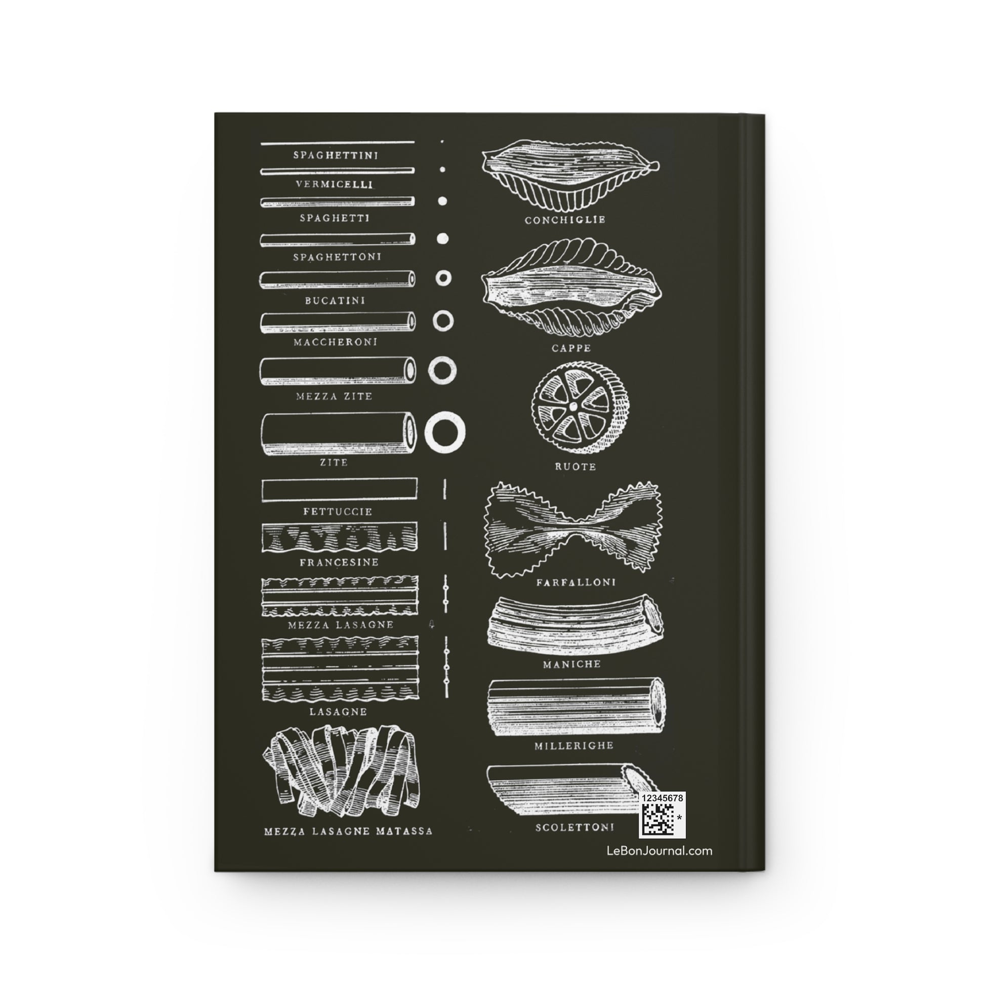 Back cover of Italian Pasta journal featuring Barilla Factory 1930 technical diagram with pasta cross-sections, diameters, and varieties on dark brown background - LeBonJournal