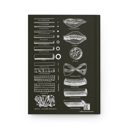 Back cover of Italian Pasta journal featuring Barilla Factory 1930 technical diagram with pasta cross-sections, diameters, and varieties on dark brown background - LeBonJournal