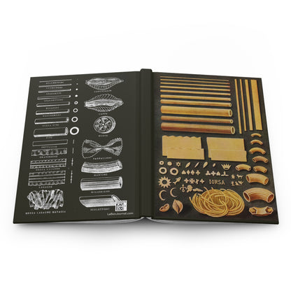 Open Italian Pasta journal showing durable casewrap binding, hardcover construction with Ward's 1911 and Barilla 1930 pasta illustrations on front and back covers, and flexible spine for lay-flat cooking notes - LeBonJournal