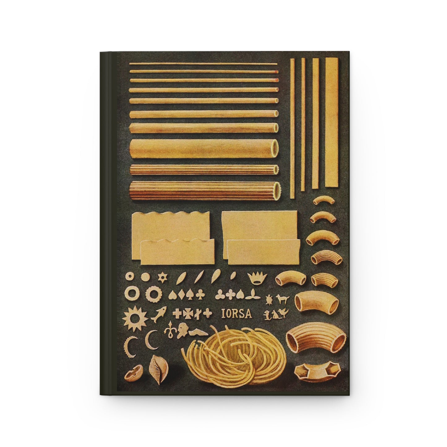 Front cover of Italian Pasta journal featuring Ward's 1911 fifty pasta varieties including spaghetti, vermicelli, shells, stars, and bow-ties from Grocer's Encyclopedia on premium matte hardcover - LeBonJournal