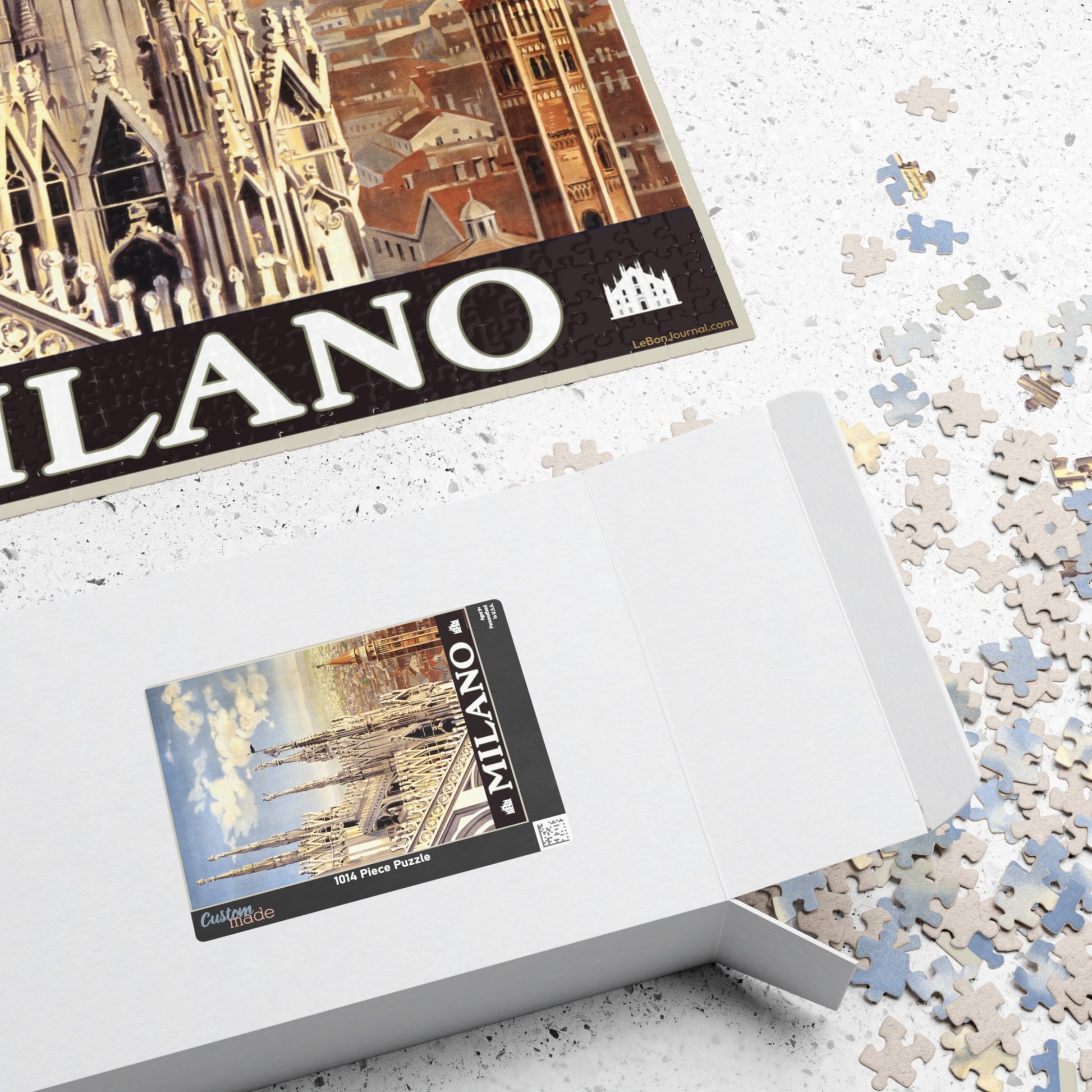 Alessandro Pomi 1920 Milano ENIT vintage travel poster puzzle box with pieces and Milano artwork printed on lid - LeBonJournal