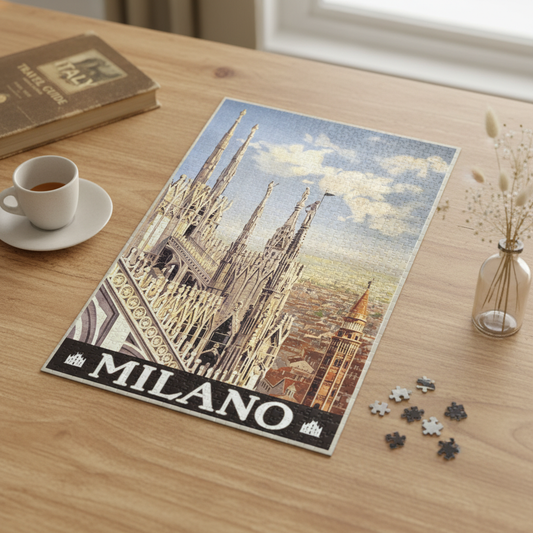 Alessandro Pomi 1920 Milano ENIT vintage travel poster puzzle almost completed on wooden table with espresso and travel book - LeBonJournal
