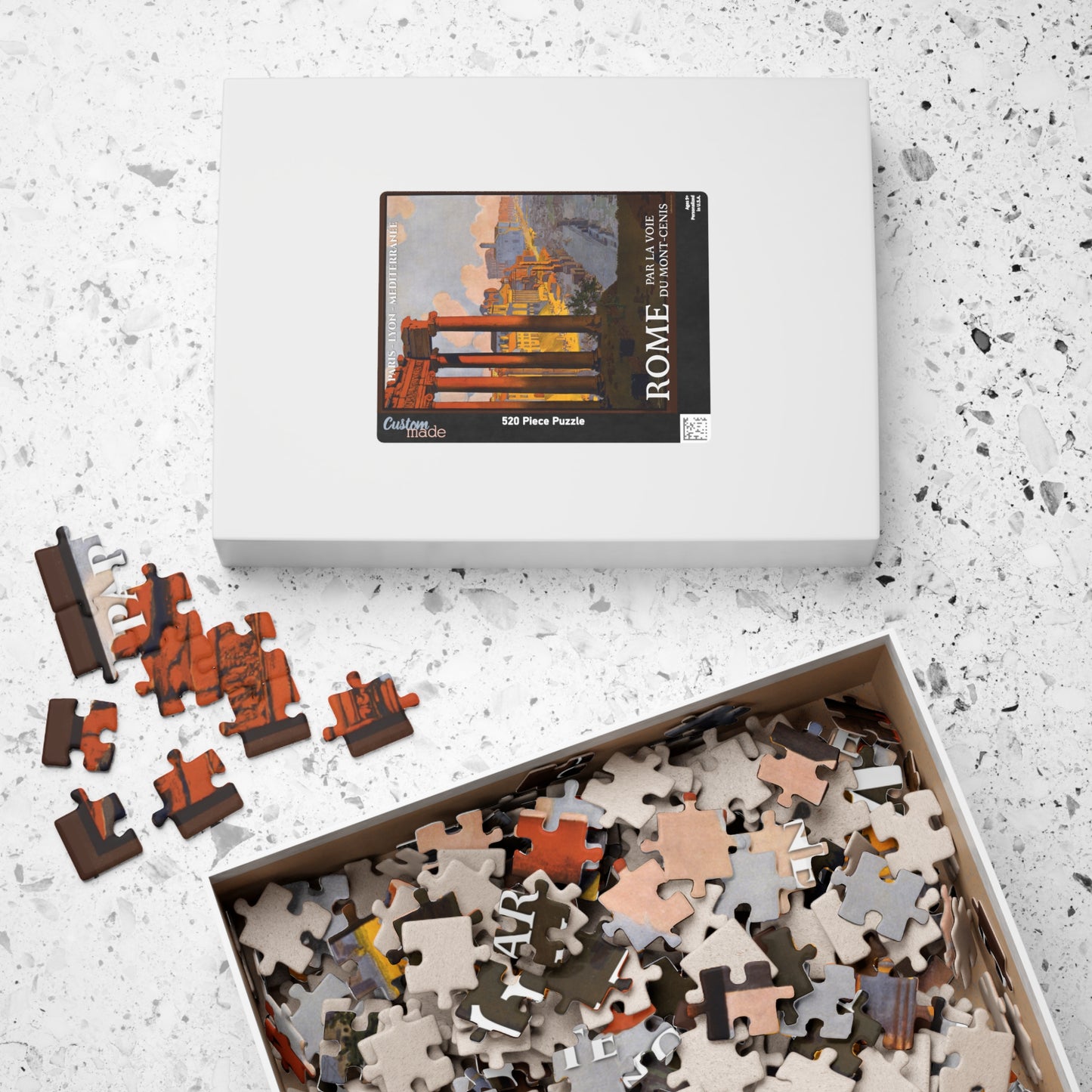 Géo Dorival 1913 Rome PLM vintage travel poster puzzle box with pieces and Roman Forum artwork printed on lid - LeBonJournal