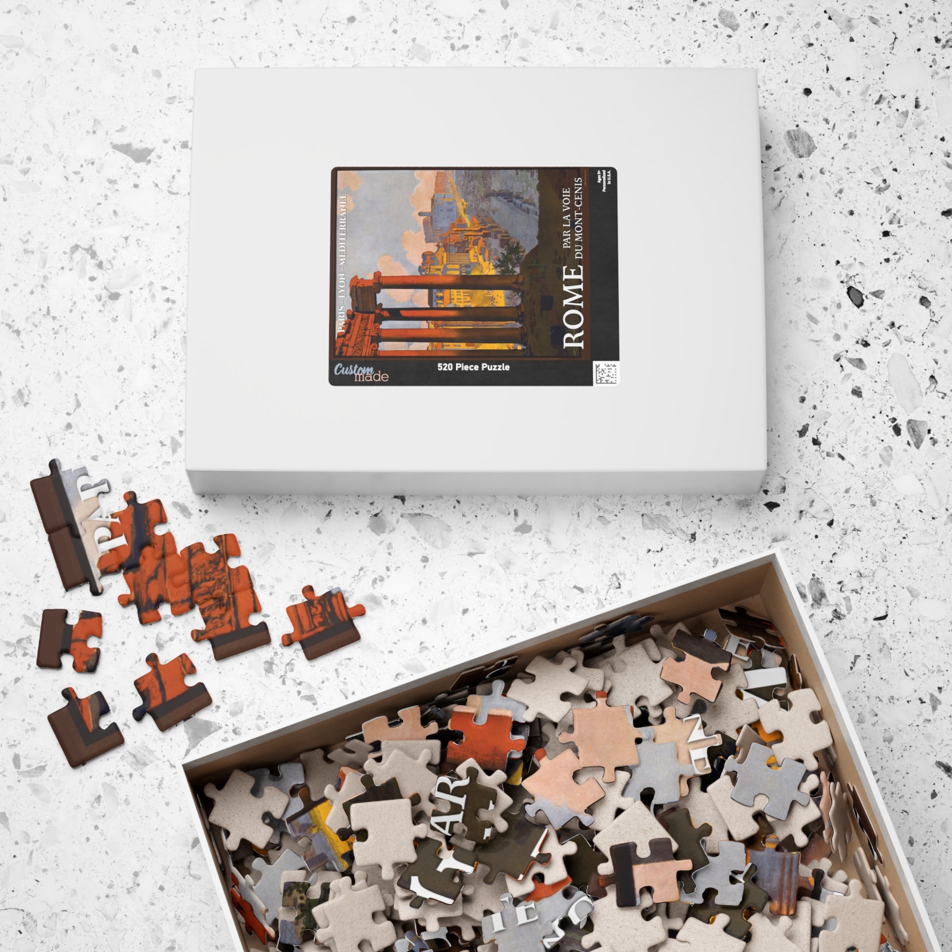 Géo Dorival 1913 Rome PLM vintage travel poster puzzle box with pieces and Roman Forum artwork printed on lid - LeBonJournal