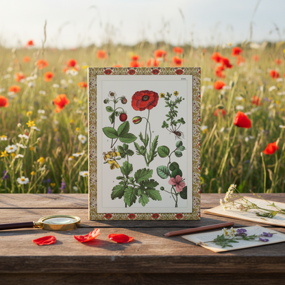 Jacob Sturm 1887 Botanical Plate XXVI journal on a wooden field table in a summer wildflower meadow with red poppies and scattered petals - LeBonJournal