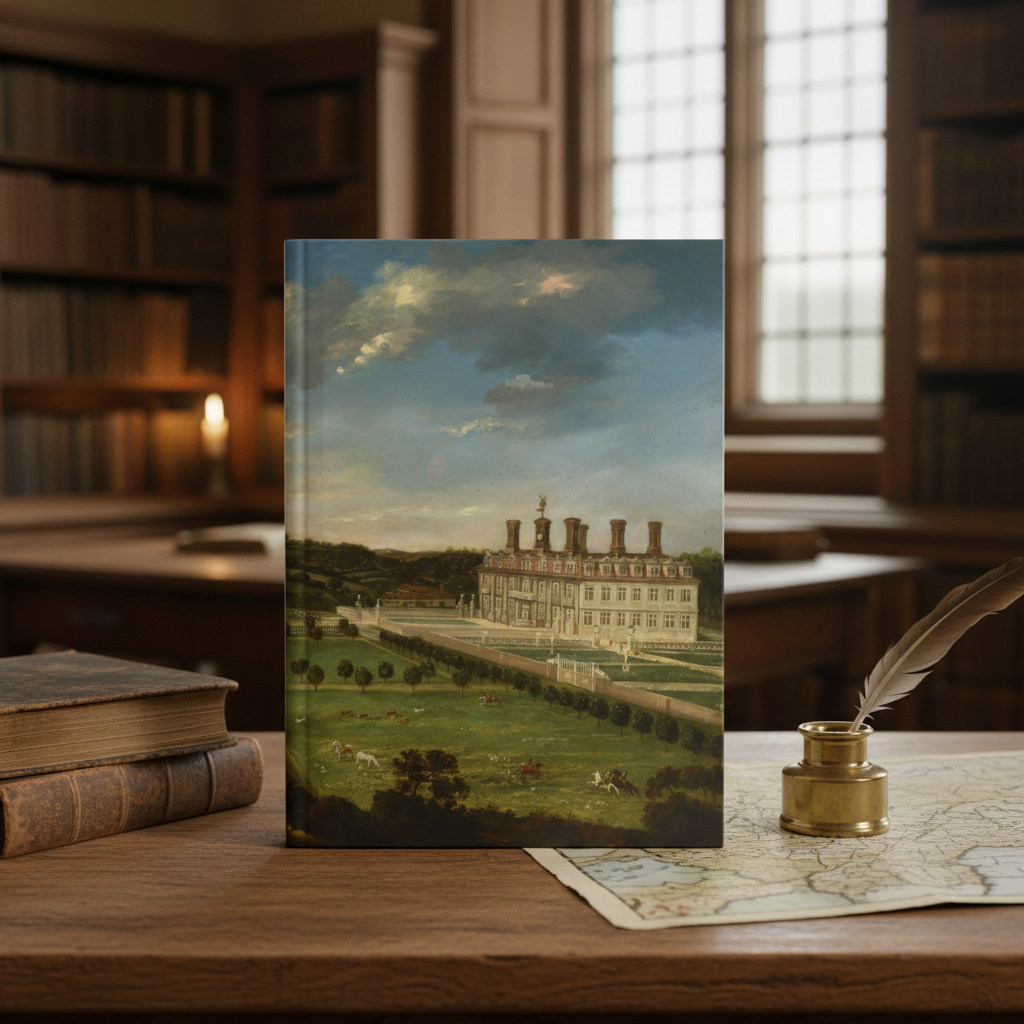 Jan Siberechts 1675 Bayhall Kent landscape journal in English country estate library with antique oak desk and brass inkwell - LeBonJournal