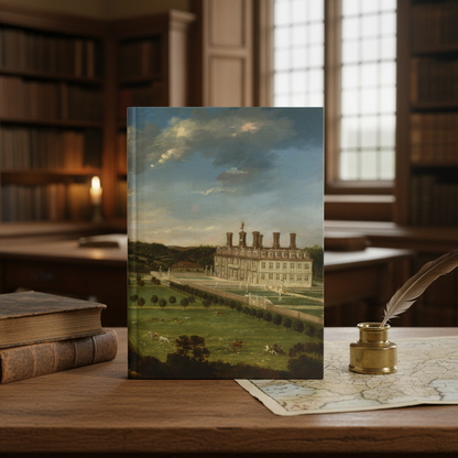Jan Siberechts 1675 Bayhall Kent landscape journal in English country estate library with antique oak desk and brass inkwell - LeBonJournal