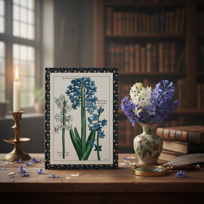 Johann Theodor de Bry 1611 Florilegium Novum hyacinth journal in Dutch Golden Age interior with fresh blue hyacinths and botanical books - LeBonJournal