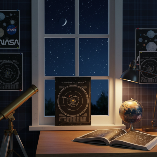 John Emslie 1846 solar system journal in teenage astronomy bedroom with telescope, planet model and starry night window - LeBonJournal