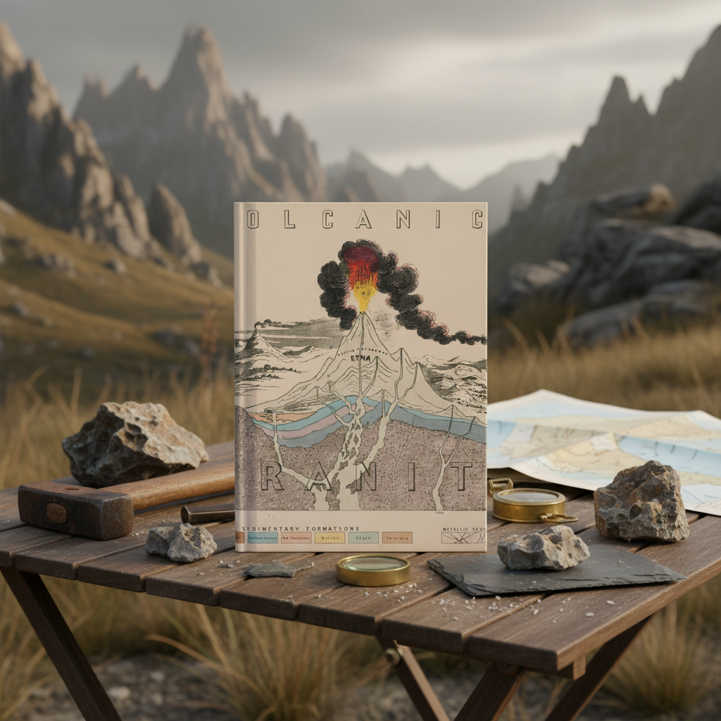 John Morris 1850s stratigraphy journal on field camp table in mountain landscape with rock specimens, geological hammer, compass and stratigraphic map - LeBonJournal