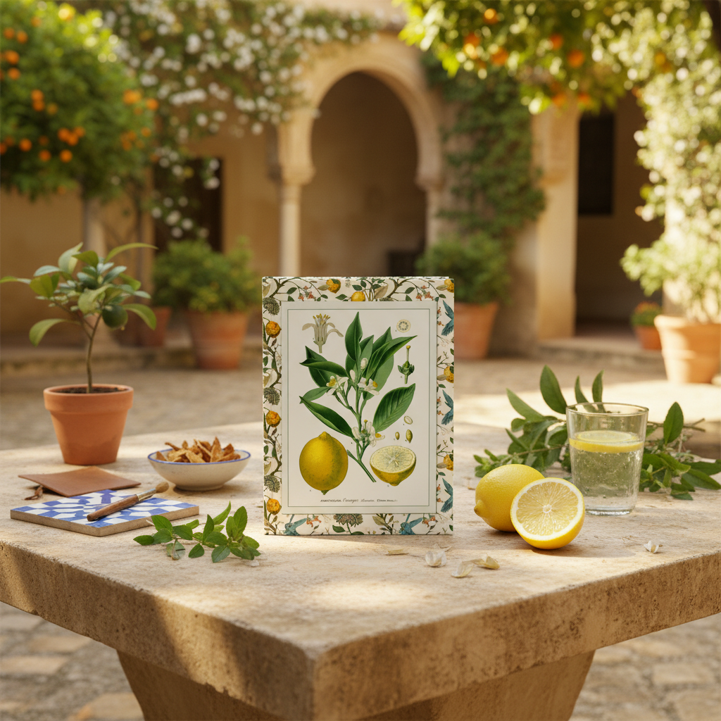 Köhler d'Orbigny lemon blank journal on limestone table at Palacio de Viana Córdoba citrus garden with fresh lemons azulejo tile and lemon verbena - LeBonJournal