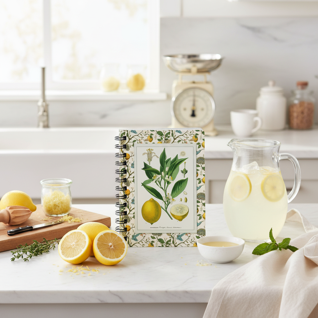 Köhler d'Orbigny lemon spiral journal on white kitchen island with fresh lemons lemonade pitcher lemon squeezer and herbs - LeBonJournal