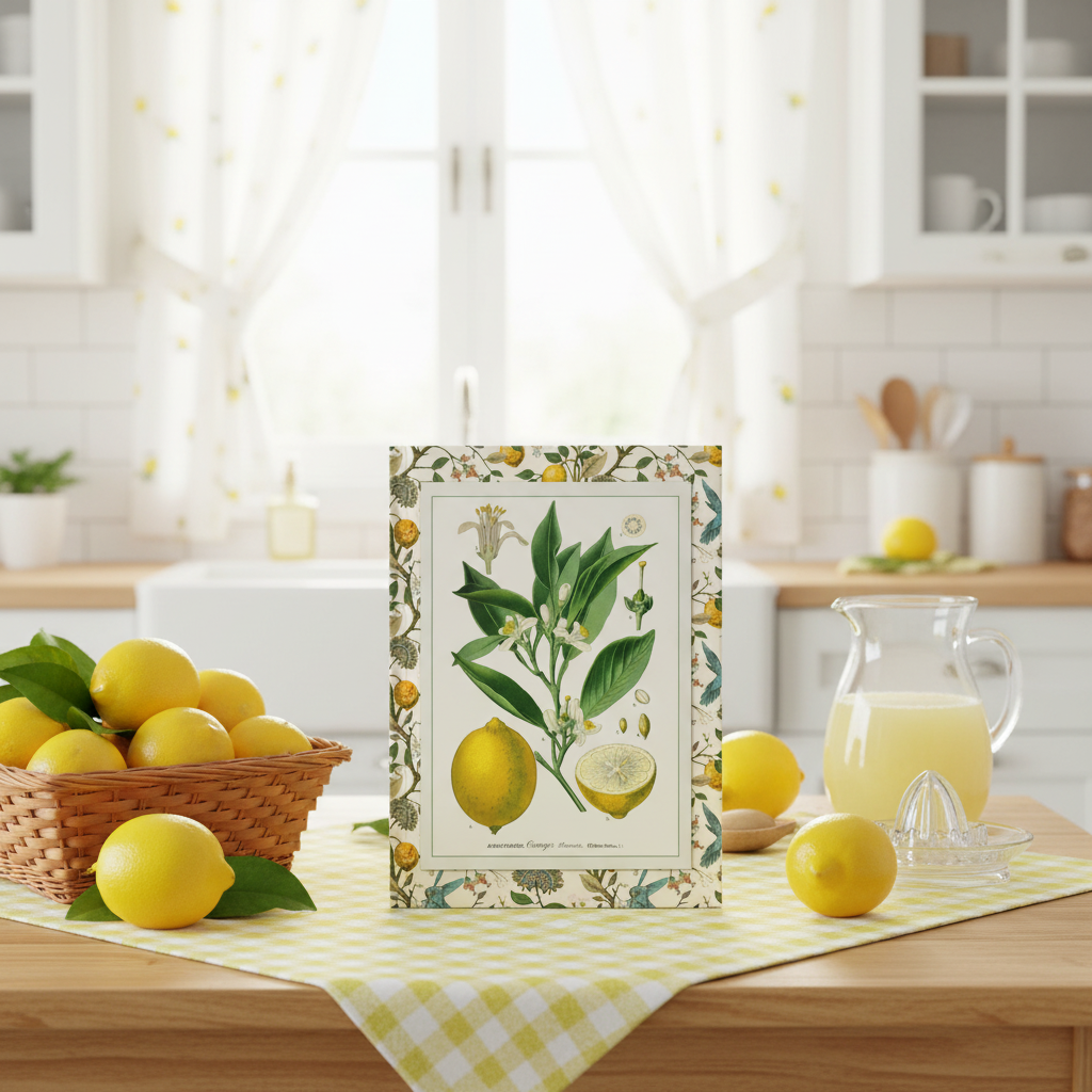 Köhler & d'Orbigny lemon journal on gingham tablecloth in white kitchen with lemon basket, glass juicer and embroidered curtains - LeBonJournal