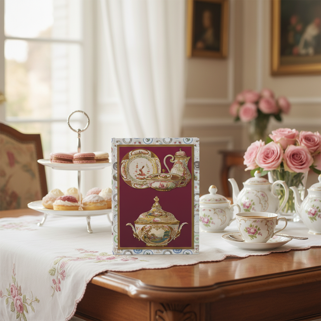 Karl Berling 1900 Meissen porcelain journal on elegant linen tablecloth with Meissen tea service, silver spoon, macarons and pink roses - LeBonJournal