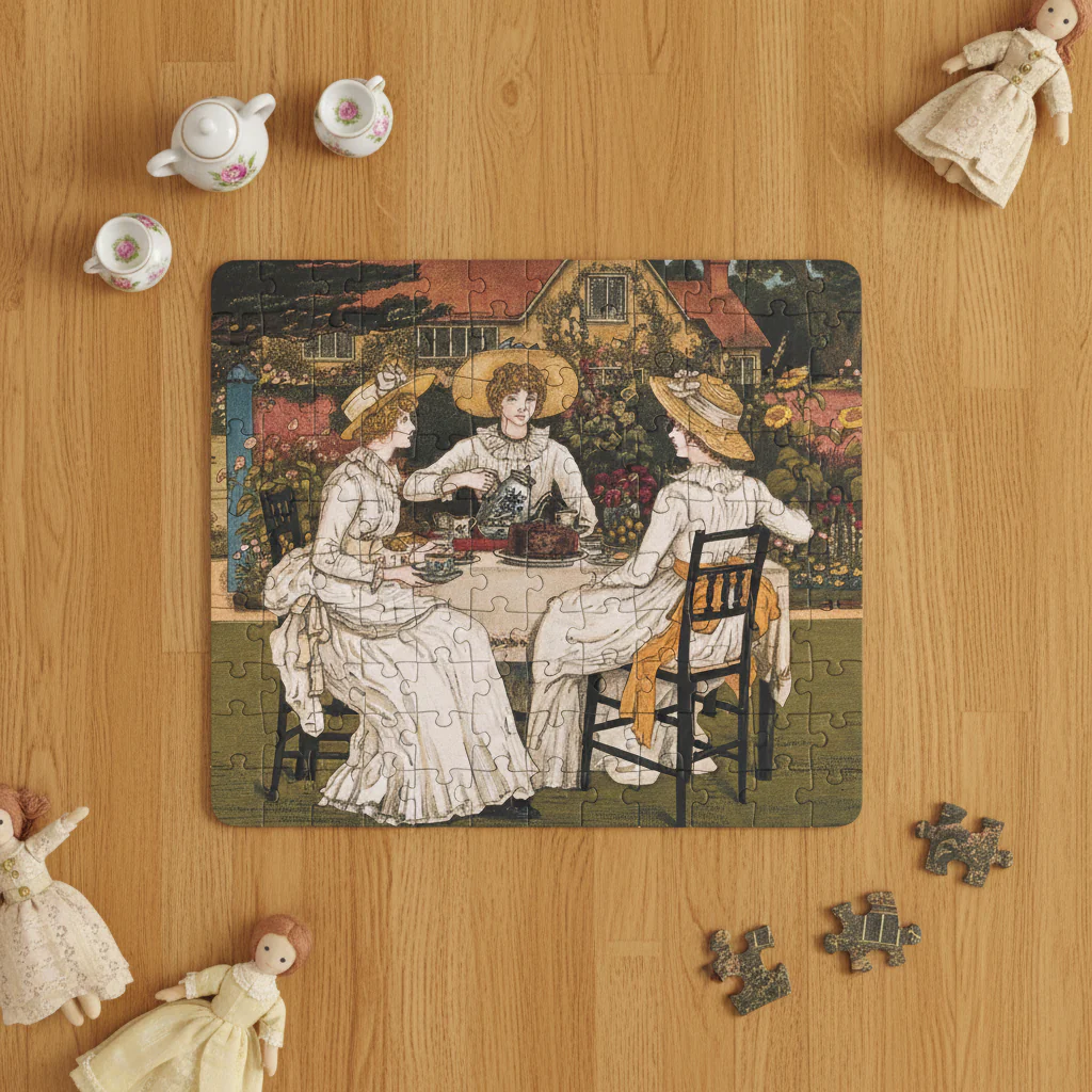 Kate Greenaway 1887 tea party kids' puzzle overhead view on golden oak floor with porcelain tea set and fabric dolls - LeBonJournal