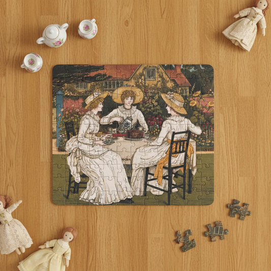 Kate Greenaway 1887 tea party kids' puzzle overhead view on golden oak floor with porcelain tea set and fabric dolls - LeBonJournal