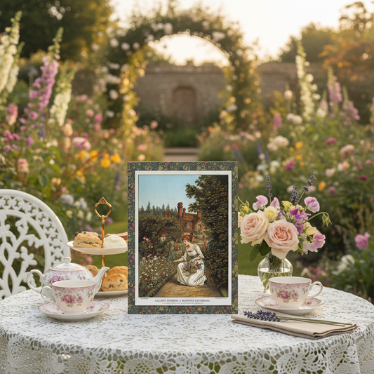 Kate Greenaway 1891 Golden Summer journal at English garden tea table with bone china roses scones and cottage garden arch - LeBonJournal