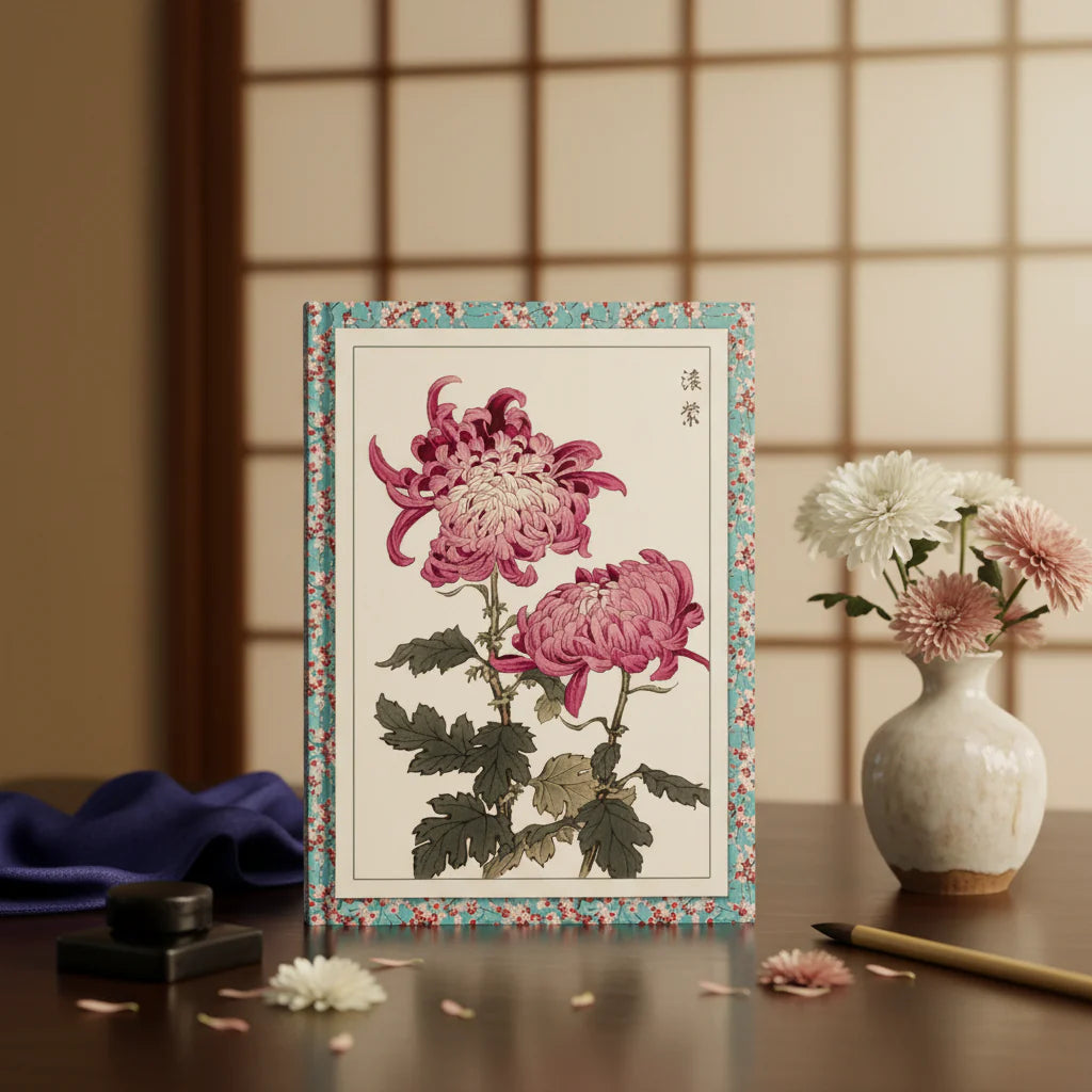 Keika Hasegawa 1893 chrysanthemum journal with Keika Hyakugiku woodblock prints in Japanese study with ikebana and silk textiles - LeBonJournal