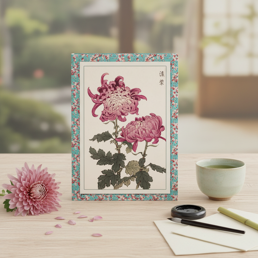 Keika Hasegawa 1893 chrysanthemum blank journal in Japanese garden study with fresh chrysanthemum green tea and calligraphy brush - LeBonJournal