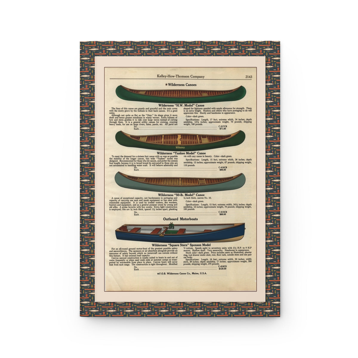 Kelley-How-Thomson Company 1920s Wilderness Canoes catalog front cover with HW Model Yankee and 50lb canoe illustrations on woven border - LeBonJournal