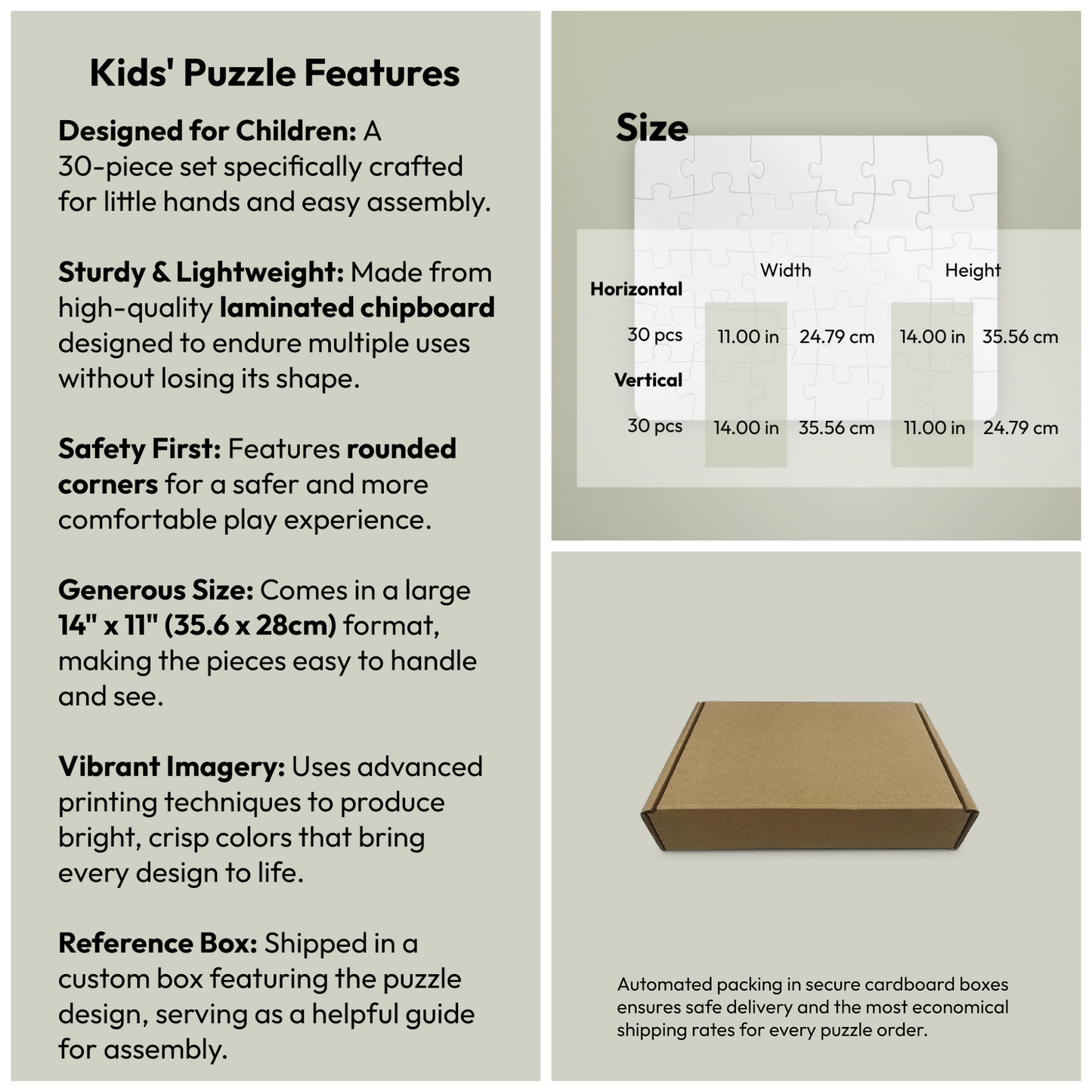 Product description of a kids' puzzle with features, size details, and packaging information.