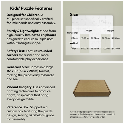 Product description of a kids' puzzle with features, size details, and packaging information.