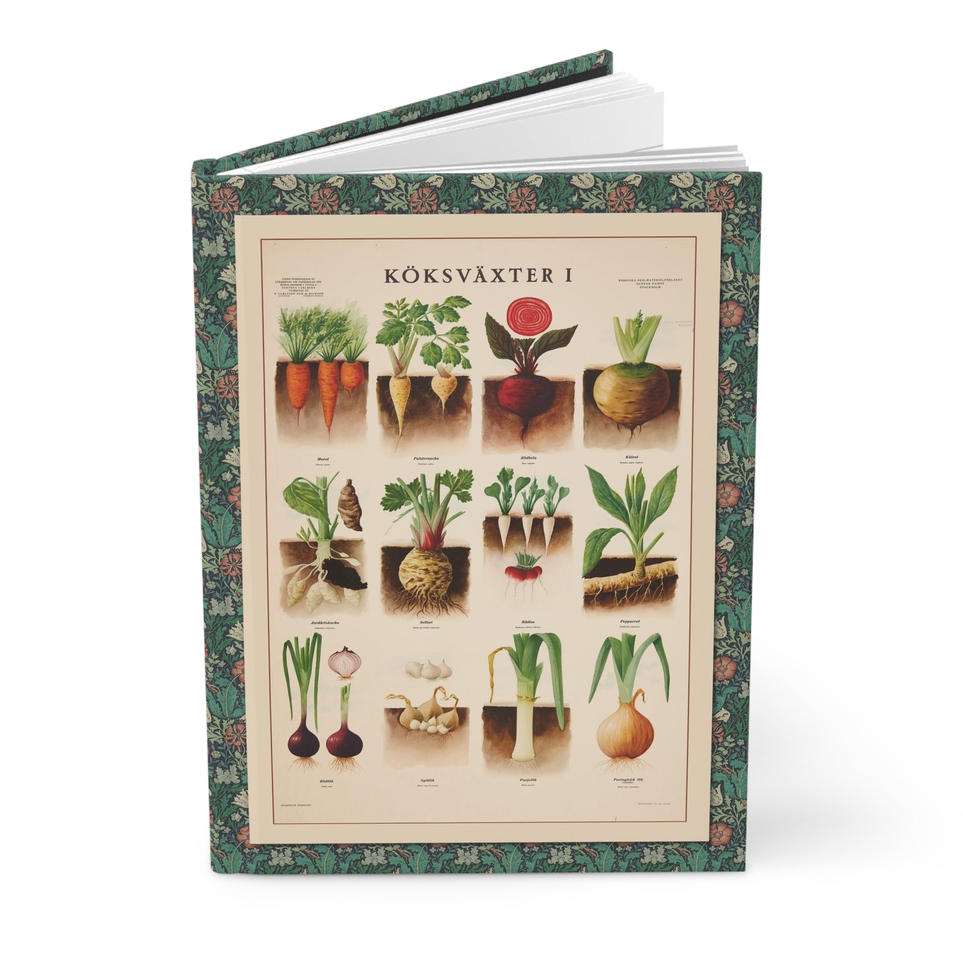 Kitchen garden journal with Max Richter 1936 Köksväxter I skolplansch cover showing root vegetables carrots parsnips beets radishes leeks and onions - LeBonJournal