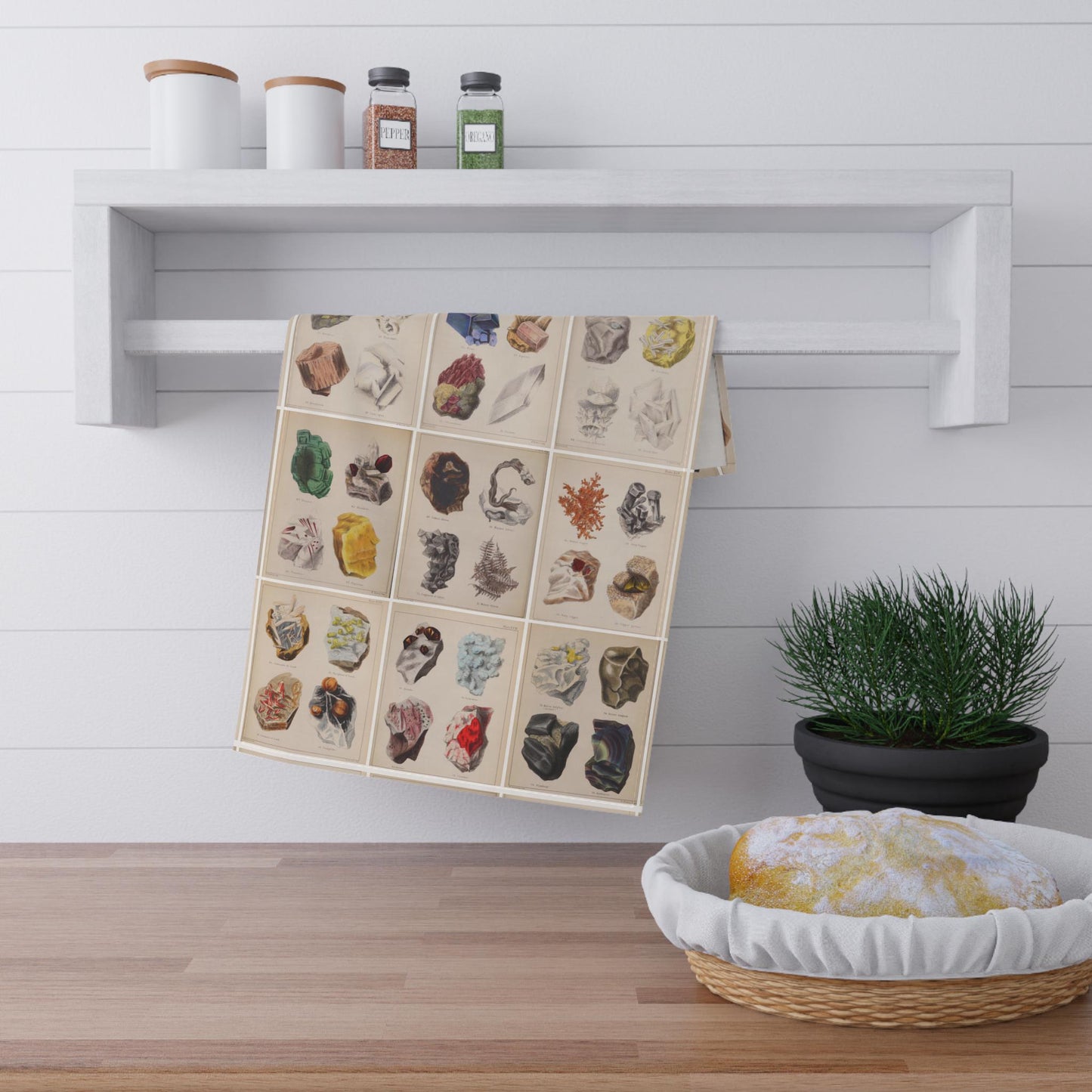 Kitchen tea towel featuring Henry Sowerby 1850 mineralogy prints from Popular Mineralogy, Victorian geological illustrations of rocks and minerals home decor - LeBonJournal