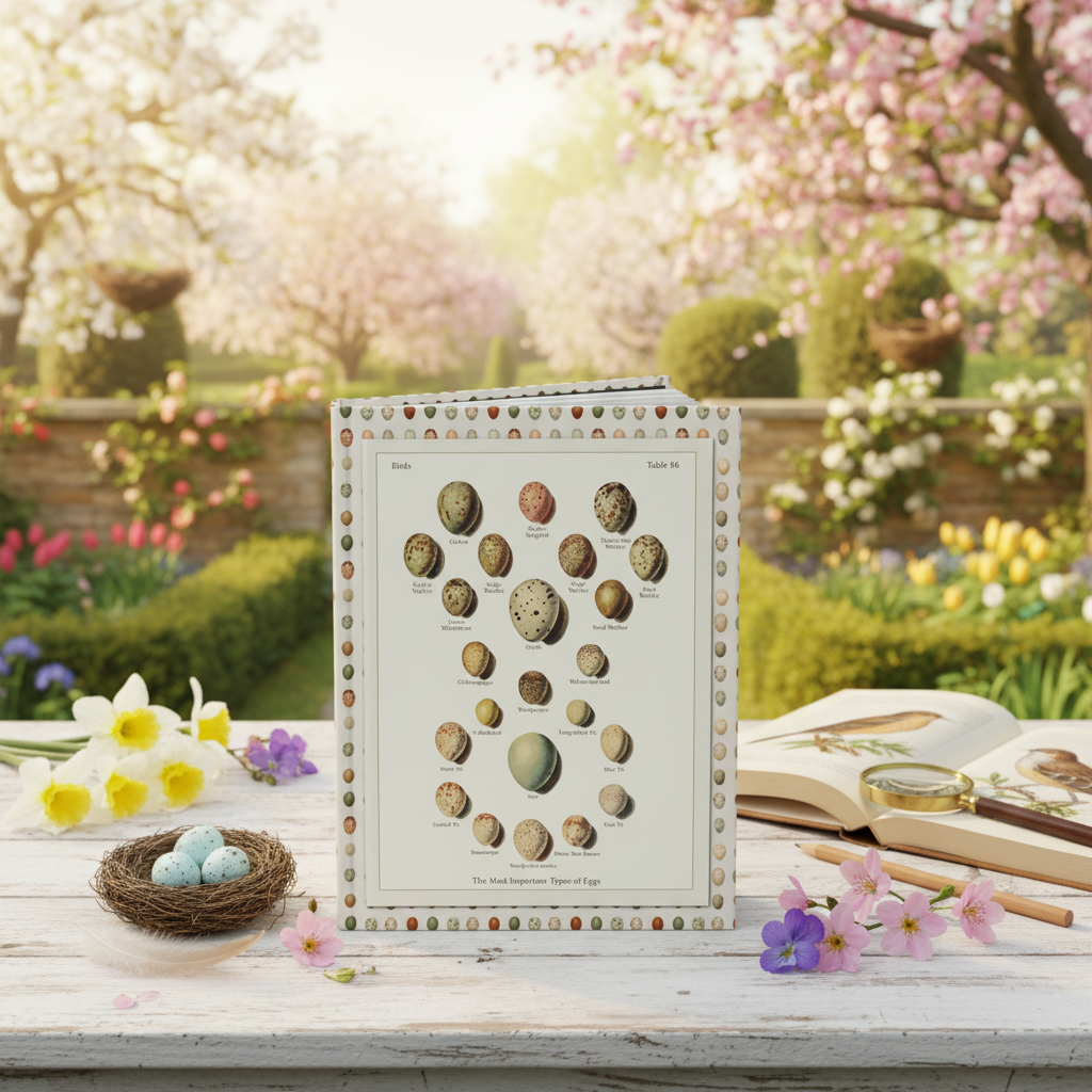 Kleinschmidt 1921 bird eggs oology journal on spring garden table nest cherry blossom narcissus Easter - LeBonJournal
