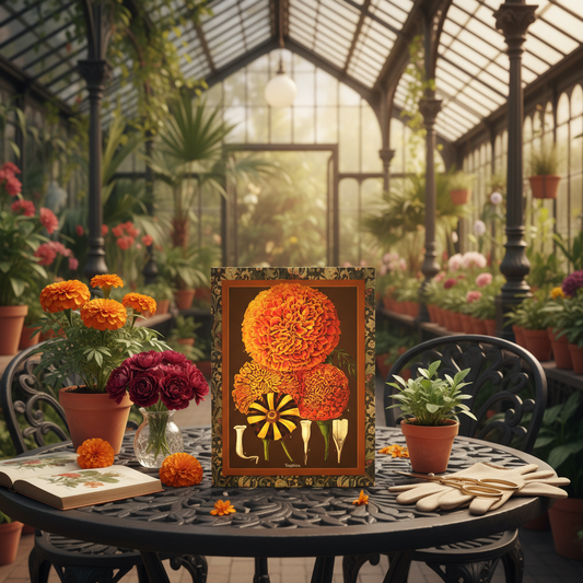 L'Illustration Horticole 1870 floral journal in Victorian greenhouse marigolds carnations terracotta iron table - LeBonJournal
