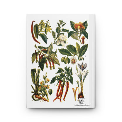 Botanical blank journal back cover with El Tesoro de la Juventud 1913 Especias plate — pepper cloves cinnamon chili saffron and aromatic spices on white - LeBonJournal
