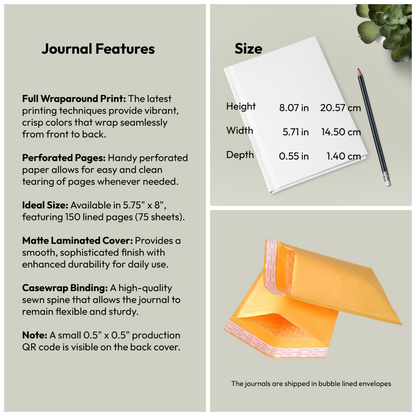 LeBonJournal hardcover notebook features: 150 ruled perforated pages, matte laminated cover, casewrap binding