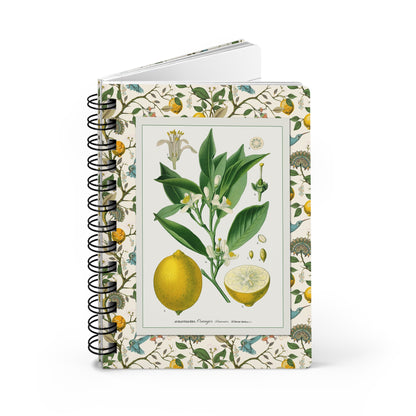 Lemon spiral lined journal with d'Orbigny 1841 Citrus Limonium chromolithograph front cover on cream citrus bird botanical border and black metal spiral - LeBonJournal