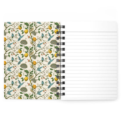 Lemon spiral journal open showing citrus hummingbird pattern inside cover with lined pages and removable black metal spiral - LeBonJournal