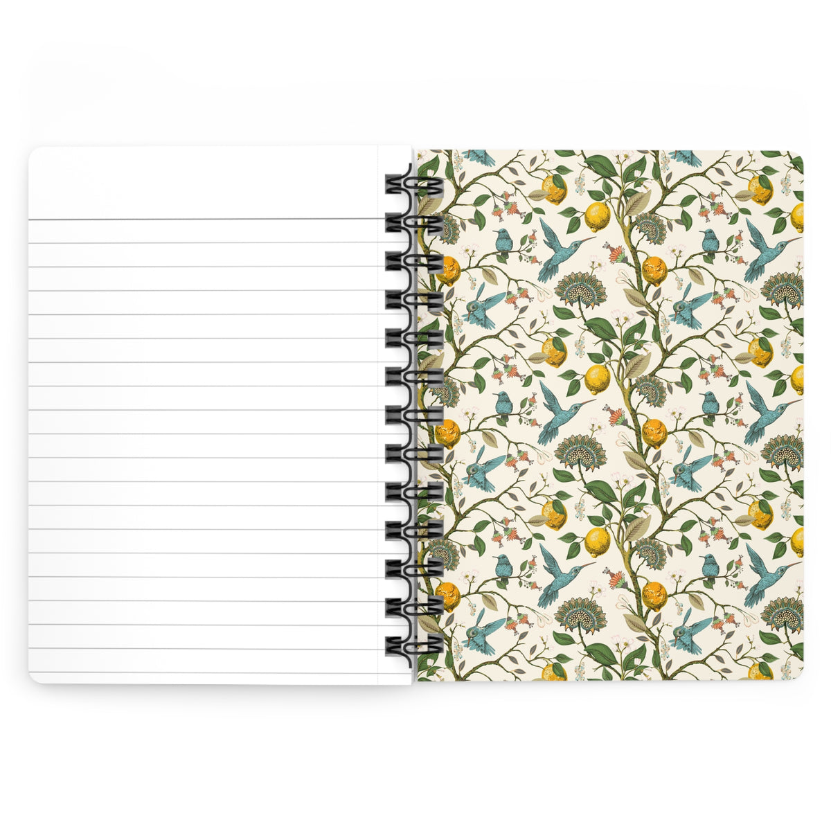 Lemon spiral journal open showing lined pages with citrus hummingbird botanical pattern inside back cover and removable black metal spiral - LeBonJournal