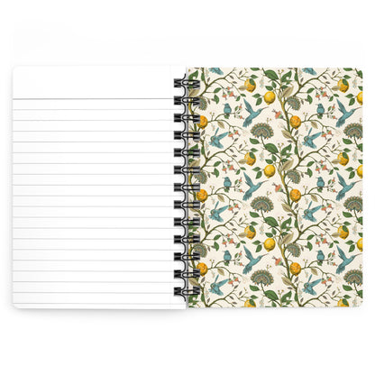 Lemon spiral journal open showing lined pages with citrus hummingbird botanical pattern inside back cover and removable black metal spiral - LeBonJournal