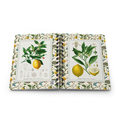 Lemon spiral journal open at spine showing d'Orbigny Citrus Limonium and Köhler Citrus medica full-wrap covers and removable metal spiral binding - LeBonJournal