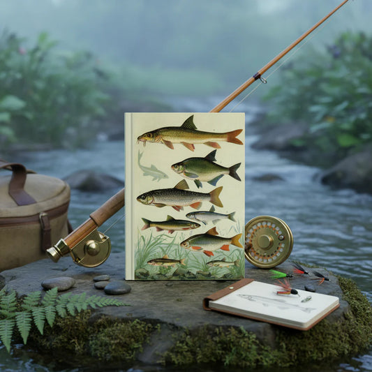 European freshwater fish journal on riverside rock with fly fishing gear, rod and tackle, cyprinids and salmonids natural history atlas - LeBonJournal