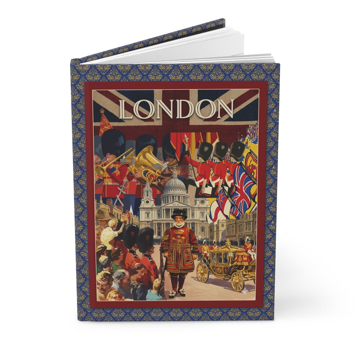 London City of Wonders hardcover blank journal front cover with vintage collage of Beefeater St Paul's Cathedral Royal Guards and Union Jack on navy damask border - LeBonJournal